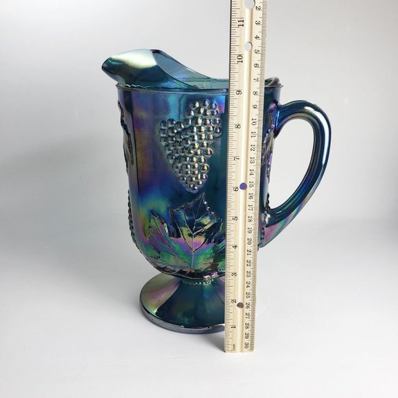 VTG Iridescent Electric Blue Purple Carnival Glass Pitcher Grape & Leaf Pattern - Picture 9 of 9